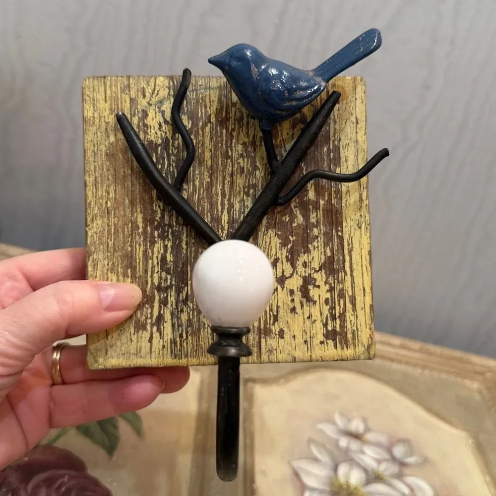Rustic Wood Mounted Bird on Branch Wall Hook Rustic Farmhouse Cottagecore